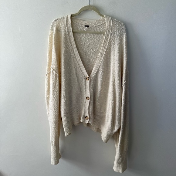 Free People Found My Friend Knit Sweater Cardigan Cream Boxy Size Large - Picture 13 of 14